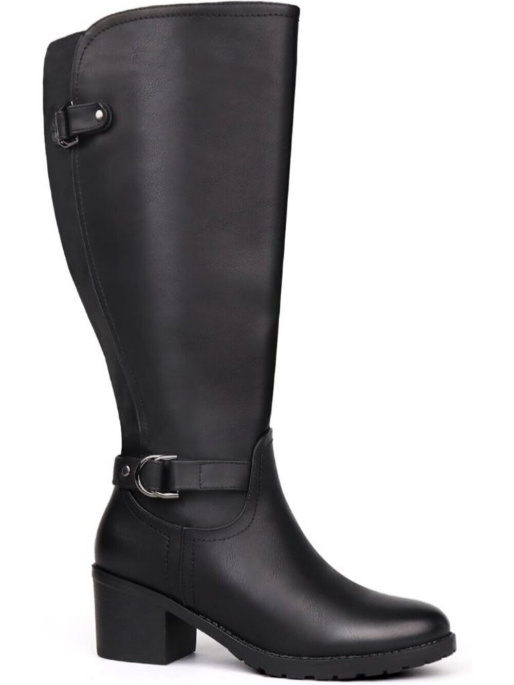 Women's Black Wide Calf Knee High Riding Boot Double Buckle Block Heel Round Toe